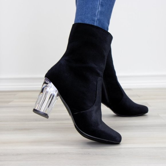 Black Velvet Above Ankle Clear Heel Bootie - Picture 10 of 11